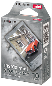Sofortbildfilm für Fujifilm Instax mini Kameras und Polaroid D 300 Kameras, Bildformat: 62x46 mm, für 10 Aufnahmen farbig mit stein-grauem Rahmendesign.